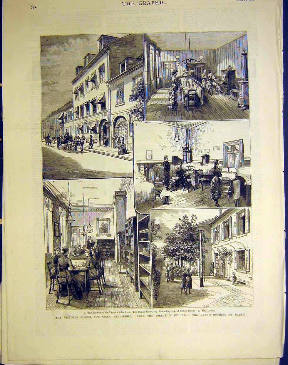 Original Old Antique Print Victoria School Girls Carlsruhe Duchess Eaden 1883
