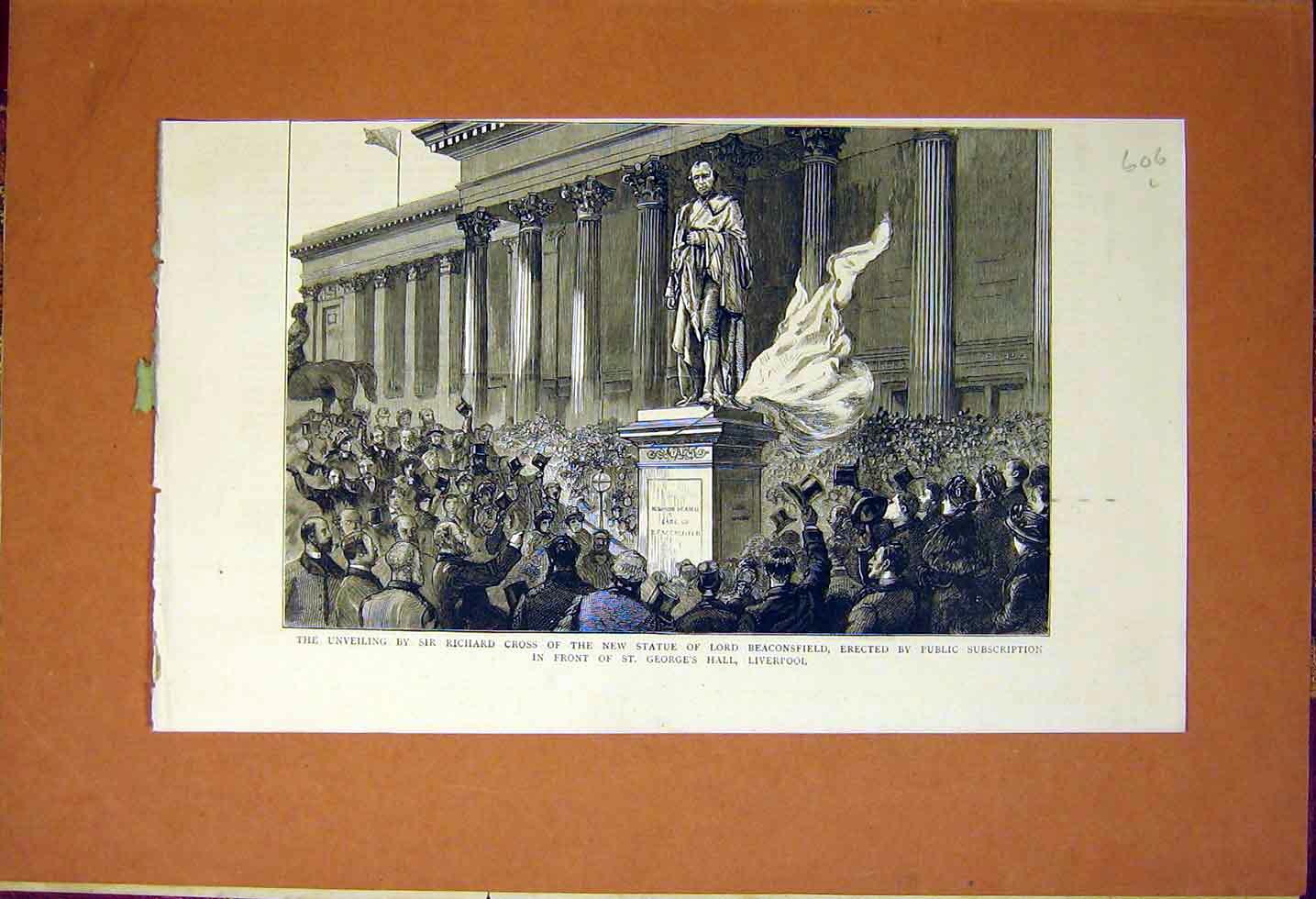 Old Antique Print Cross Statue Beaconsfield George'S Hall Liverpool 1883 19th