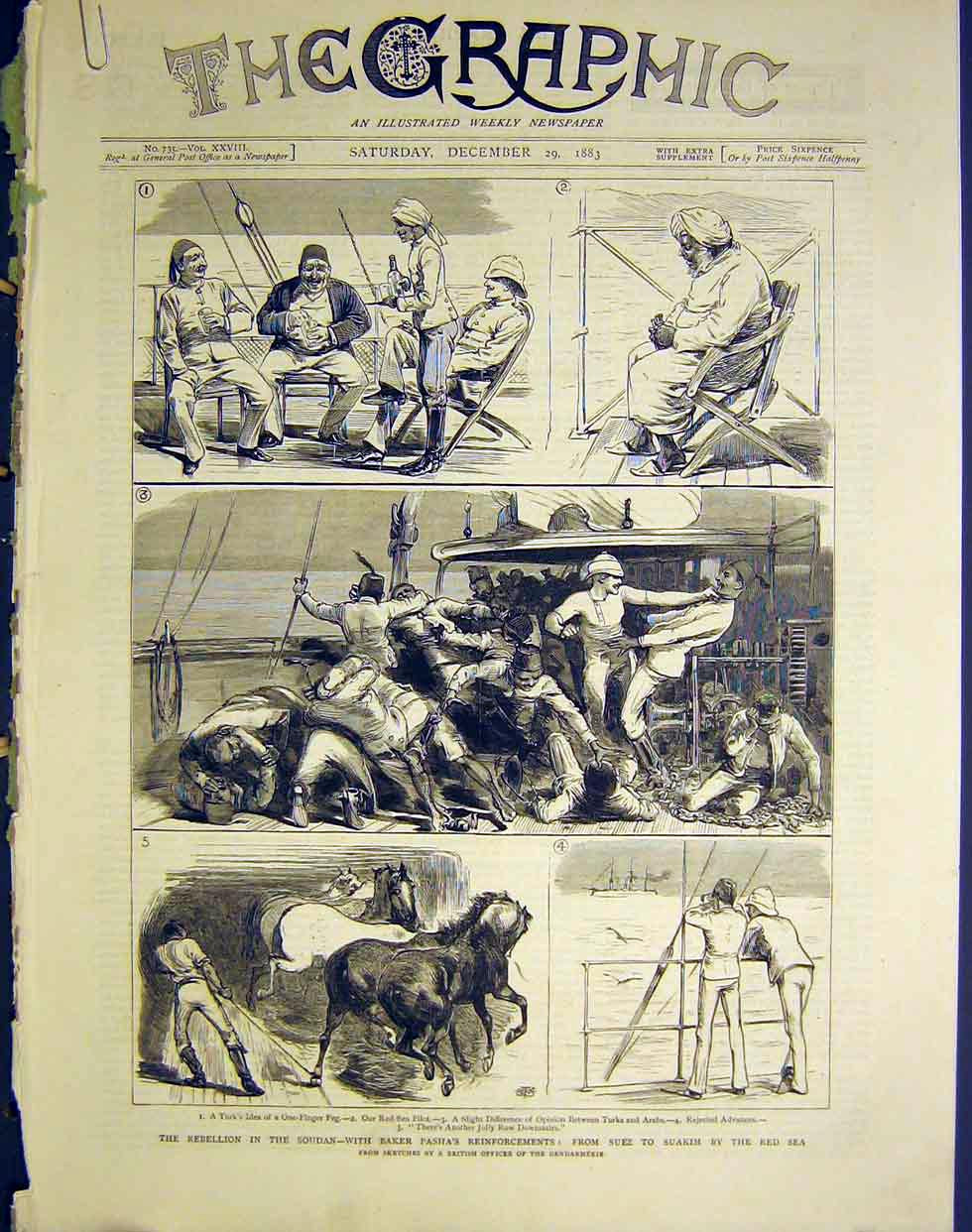 Original Old Antique Print Soudan Rebellion Baker Pasha Suez Suakim Cairo 1883