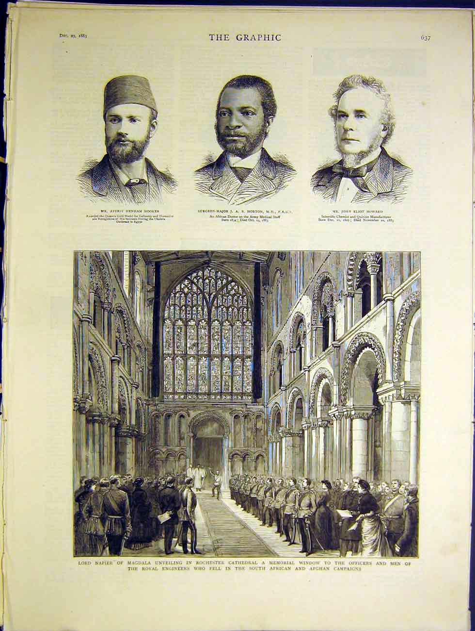 Original Old Antique Print Portrait Hooker Horton Howard Rochester Memorial 1883