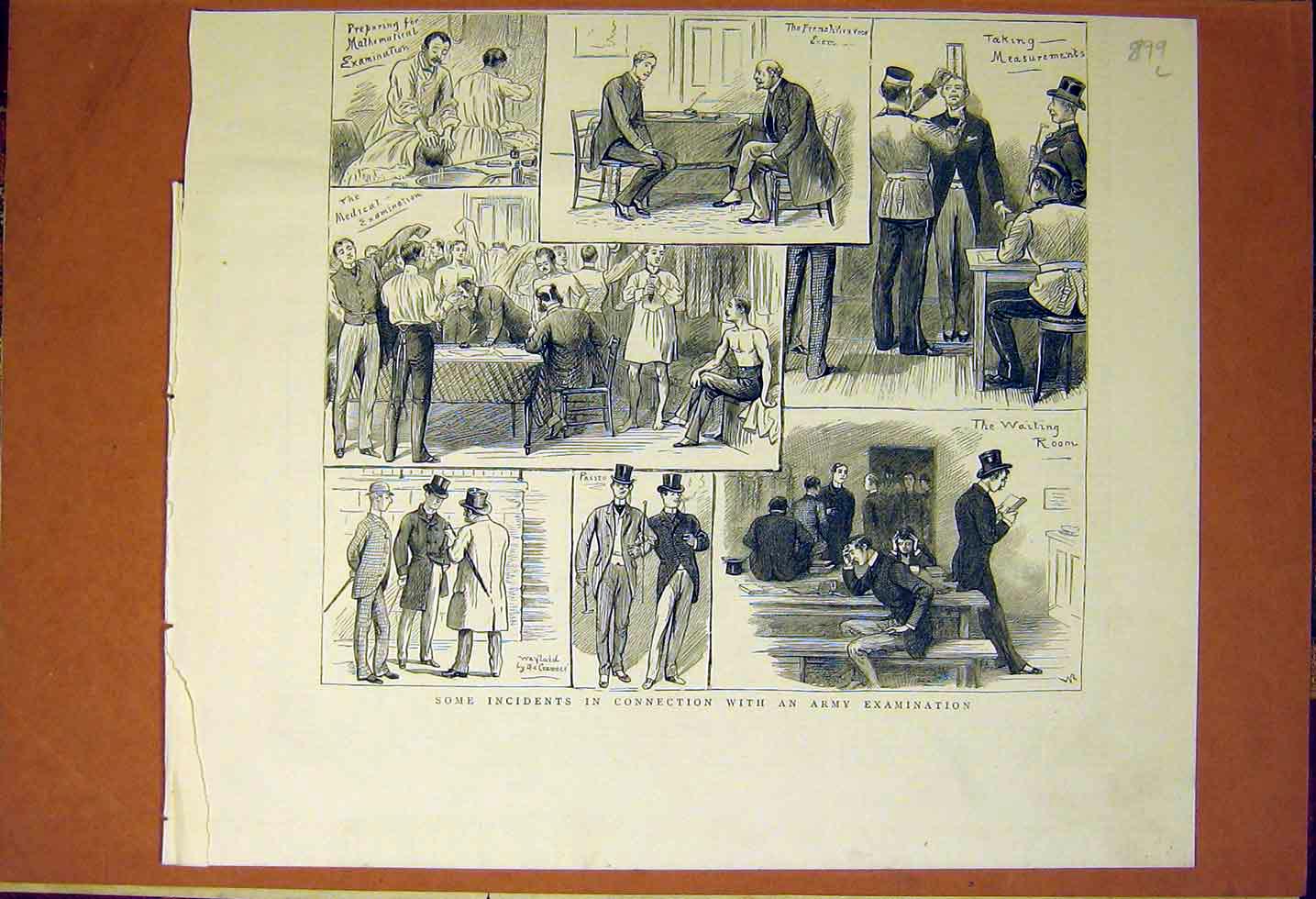 Original Old Antique Print Army Examination Sketches Medical Mathematical 1883