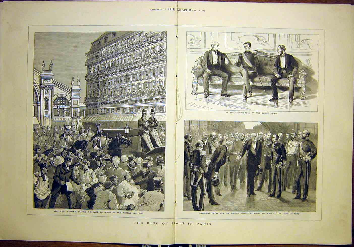 Old Antique Print King Spain Paris Royal Carriage Gare Du Nord Grevy 1883 19th