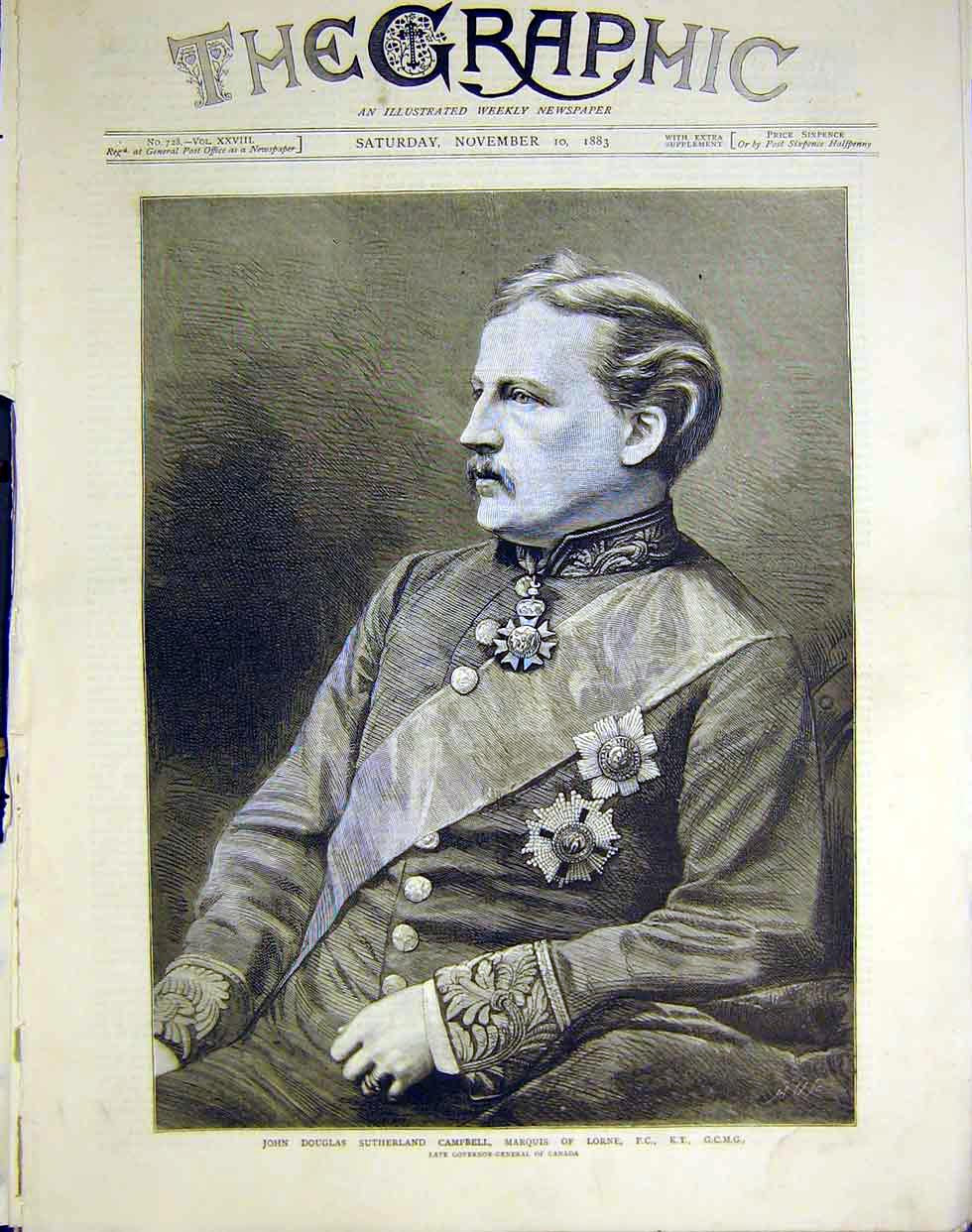 Original Old Antique Print Portrait Campbell Marquis Lorne Canada Governor 1883
