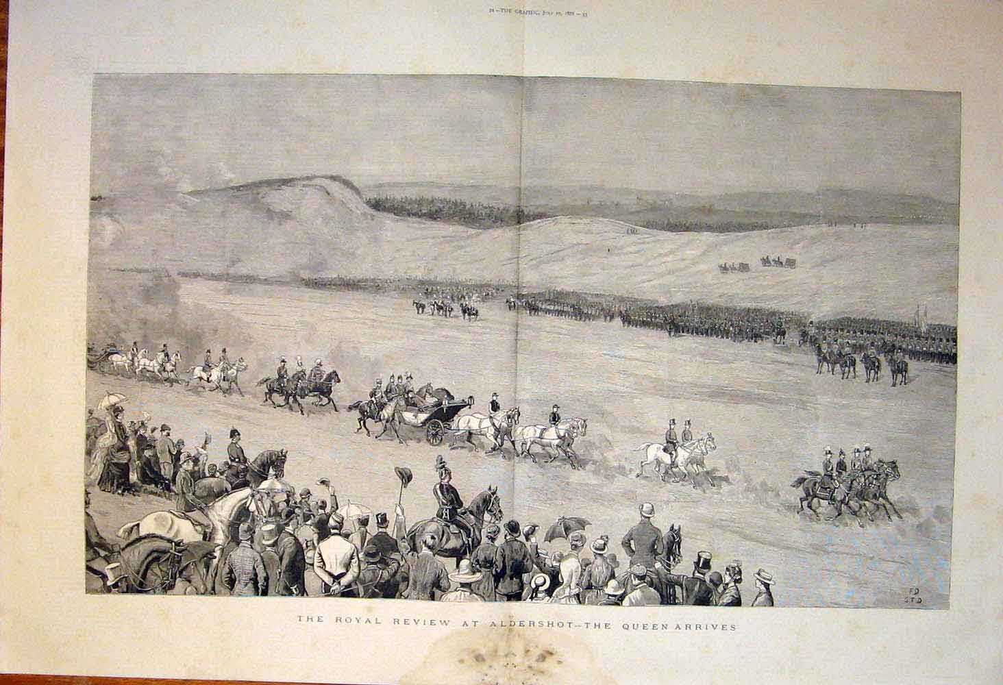 Original Old Antique Print Royal Review Aldershot Queen Arrives 1886 Victorian