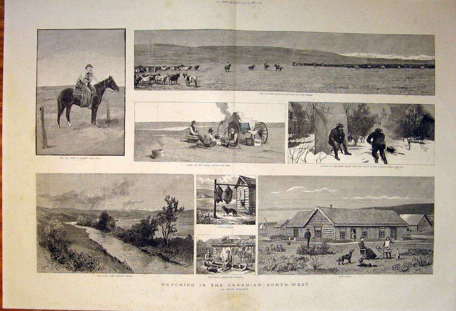 Original Old Antique Print Canadian Ranching Ranch Kootenay 1886 Canada 19th