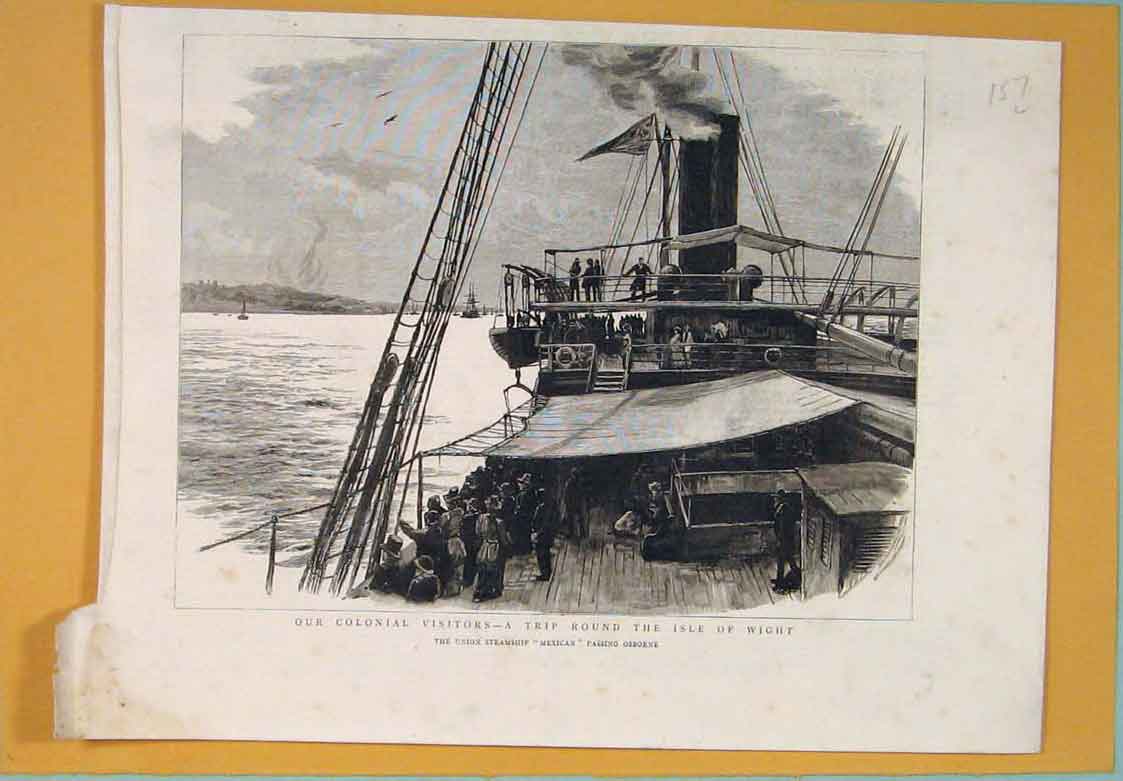 Original Old Antique Print Colonial Visitors Isle Wight Union Steamship Osborne