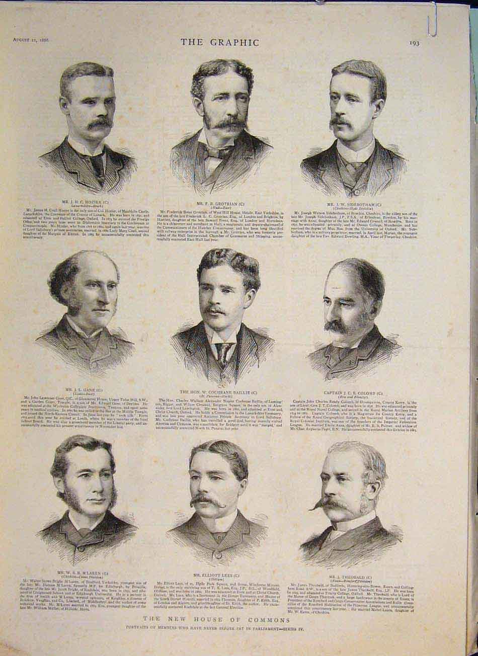 Old Antique Print House Commons Members Parliament London 1886 Portrait 19th