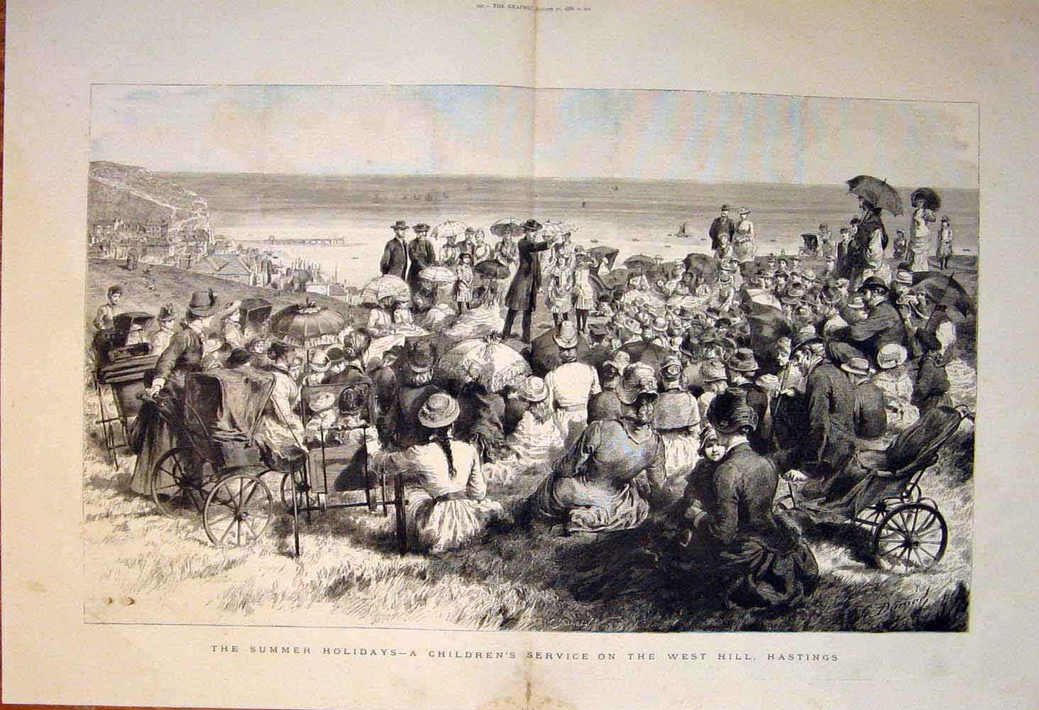Original Old Antique Print Hastings Children Service West Hill Holidays 1886