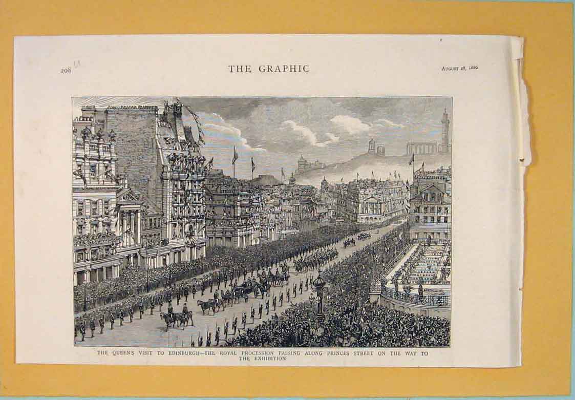 Original Old Antique Print Royal Procession Edinburgh Queen Princes Street 1886