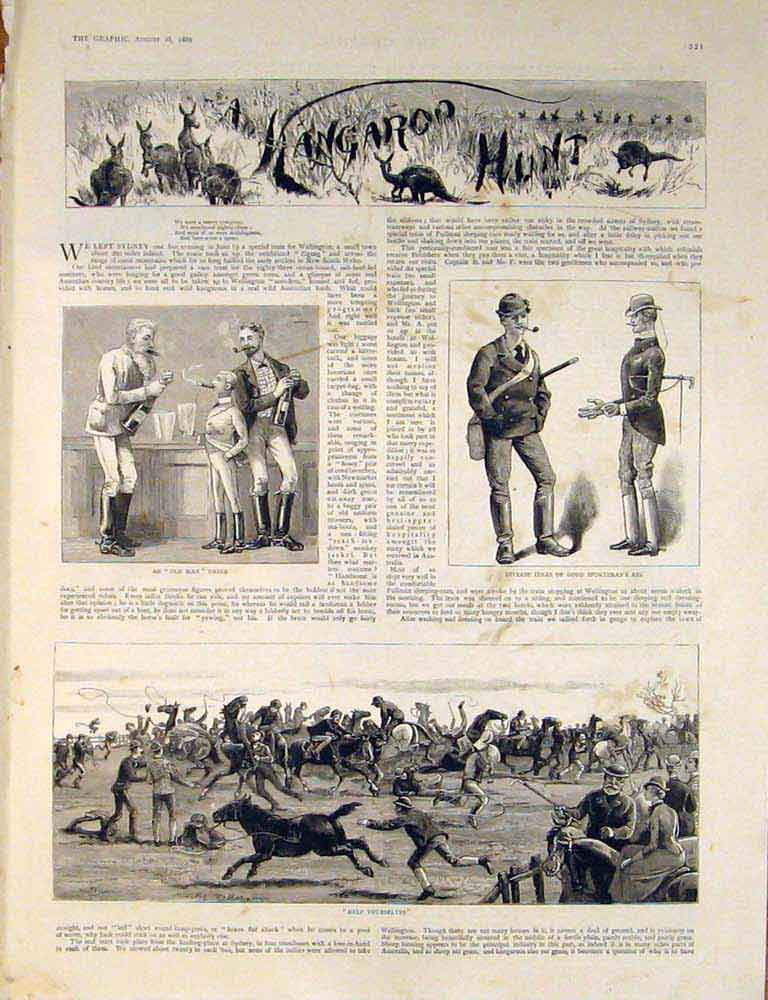 Original Old Antique Print Kangaroo Hunt Hunting Australia Wellington 1886 19th