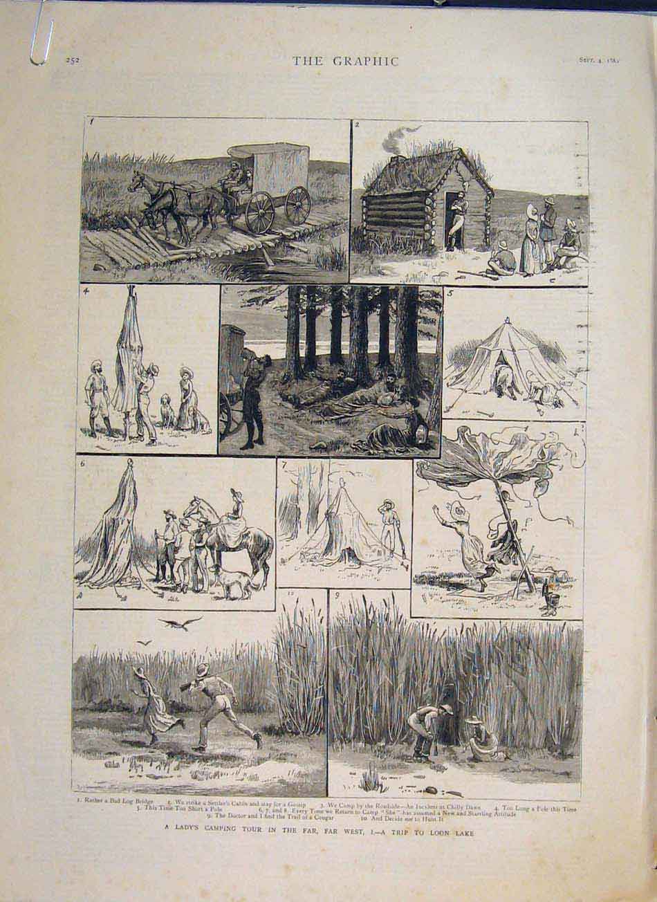Old Antique Print Loon Lake Ladies Camping Washinton Mountain Mines 1886 19th