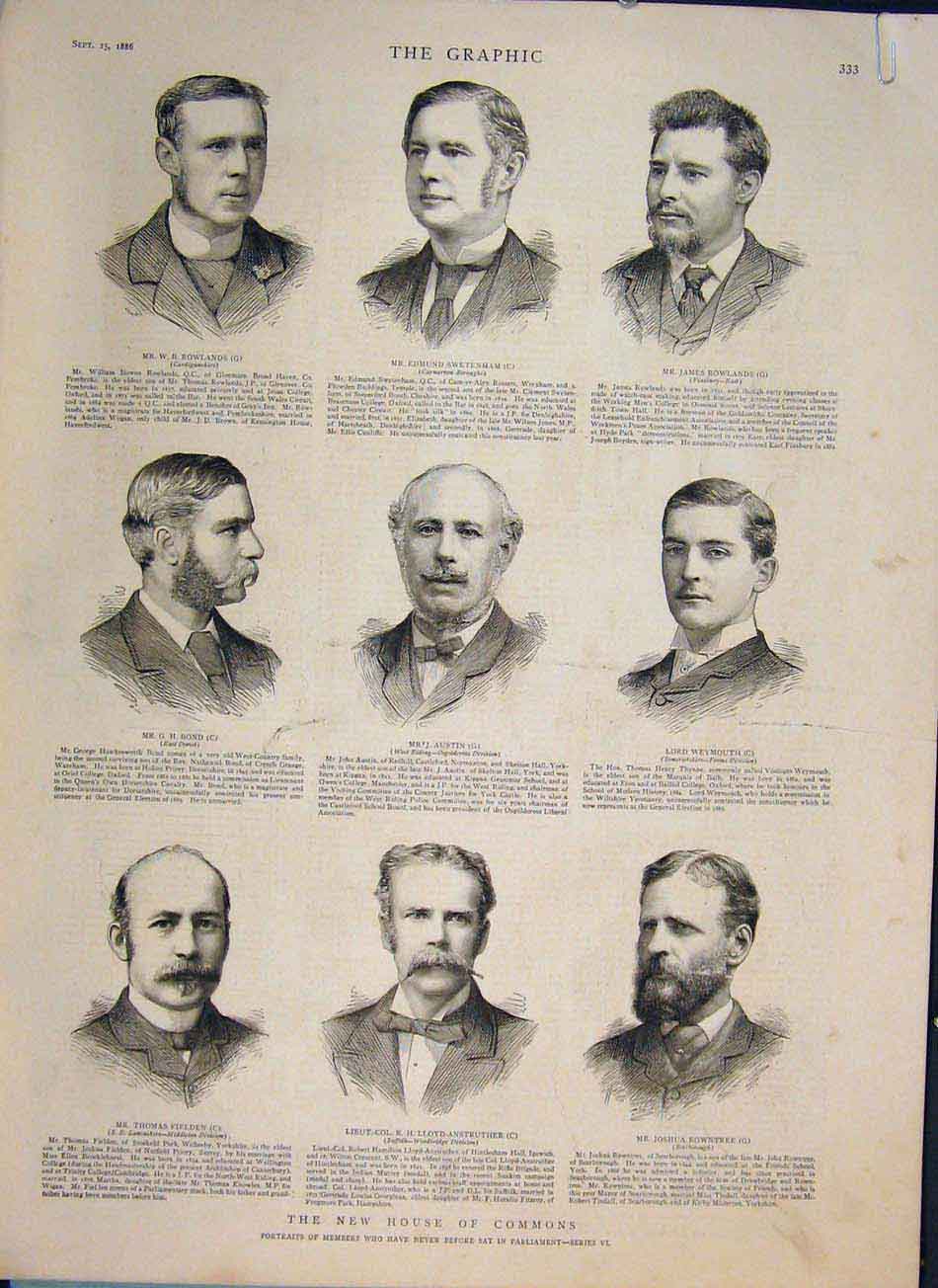 Original Old Antique Print Portrait House Commons Parliament New Members 1886