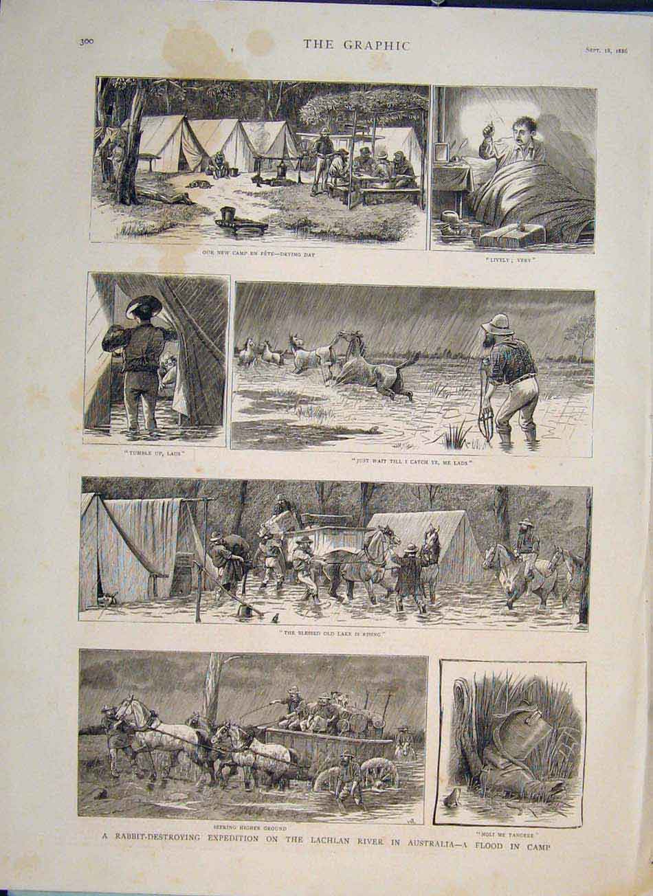 Original Old Antique Print Rabbibt Expedition Lachlan River Australia Flood 1886