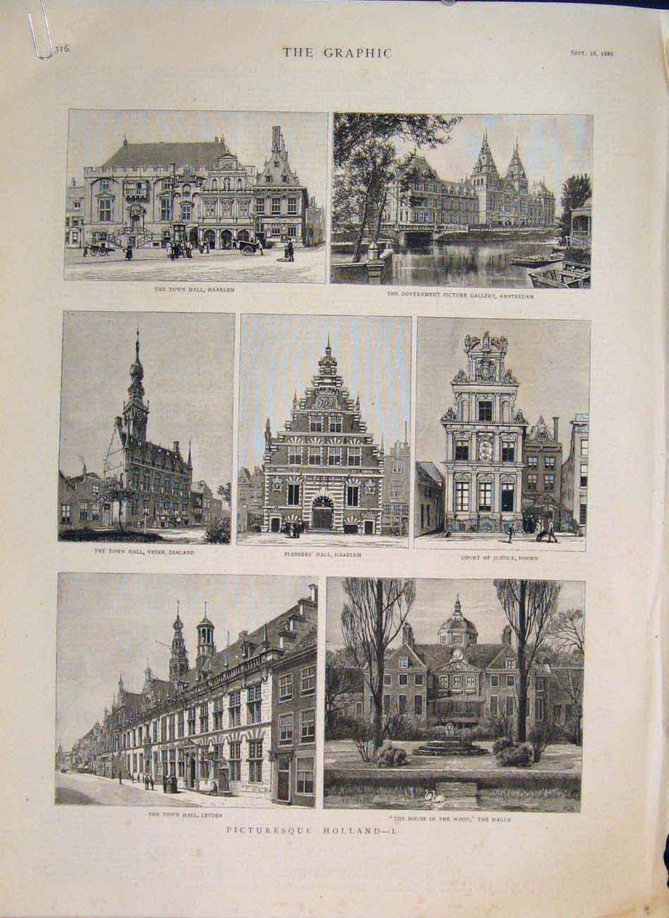 Original Old Antique Print Holland Dutch Haarlem Amsterdam Hague Hoorn 1886