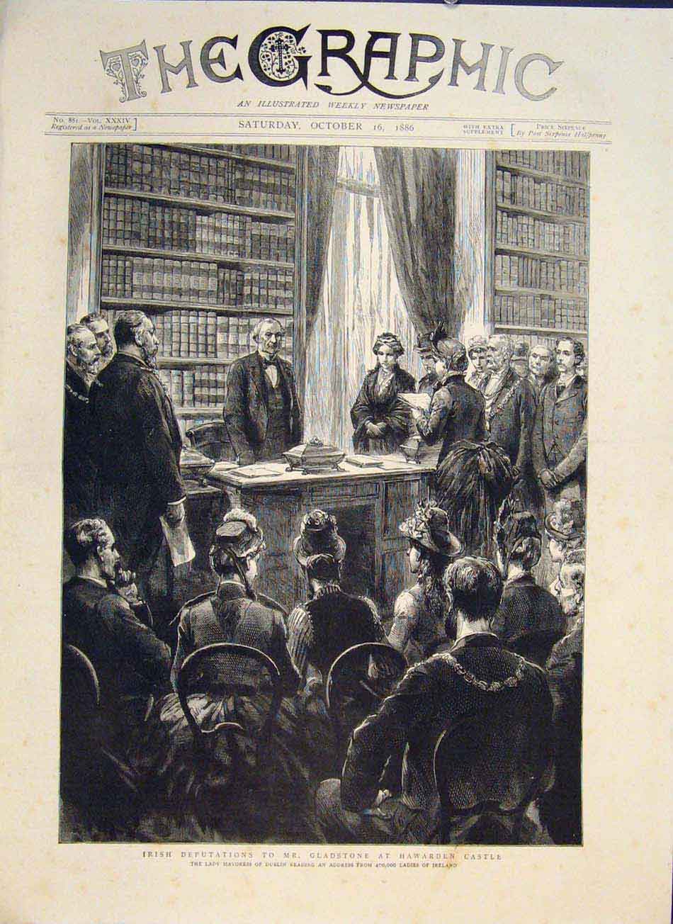 Original Old Antique Print Irish Ladies Gladstone Hawarden Castle Ireland 1886
