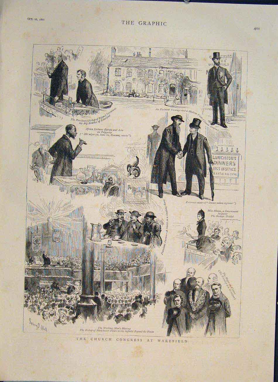 Original Old Antique Print Church Congress Wakefield 1886 19th Century