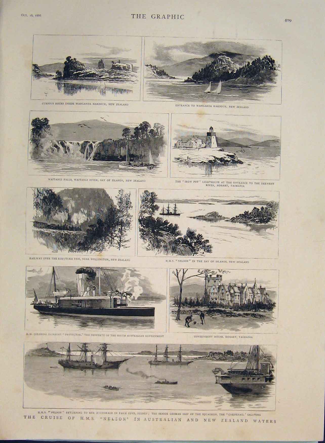 Original Old Antique Print Hms Nelson Cruise Australia New Zealand 1886 19th