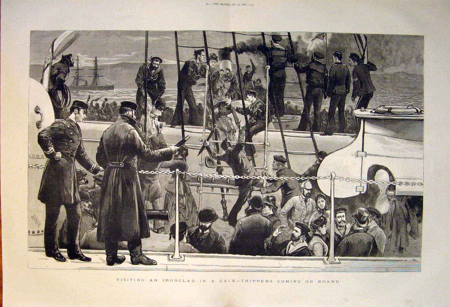 Original Old Antique Print Ironclad Iron Clad Gale Trippers 1886 Ship Victorian