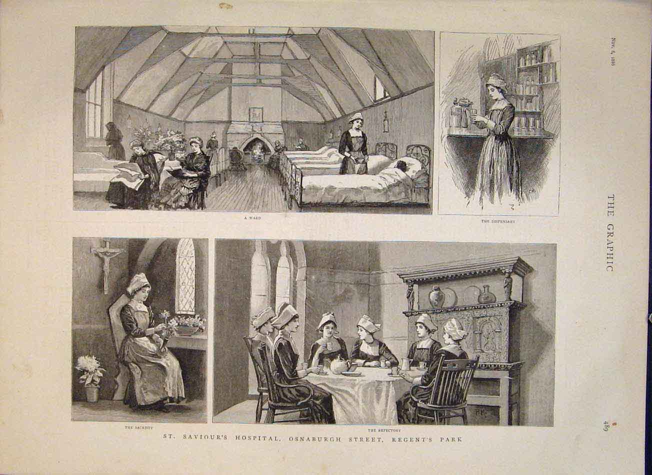 Old Antique Print Saviour'S Hospital Osnaburgh Regent'S Park London 1886 19th