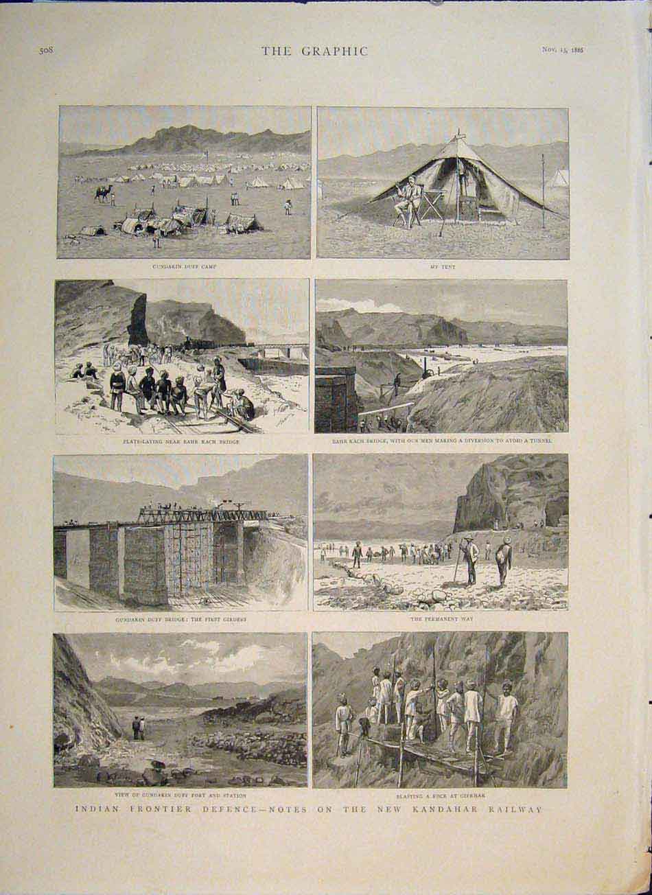 Original Old Antique Print Indian Frontier Kandahar Railway Girkhar Duff 1886