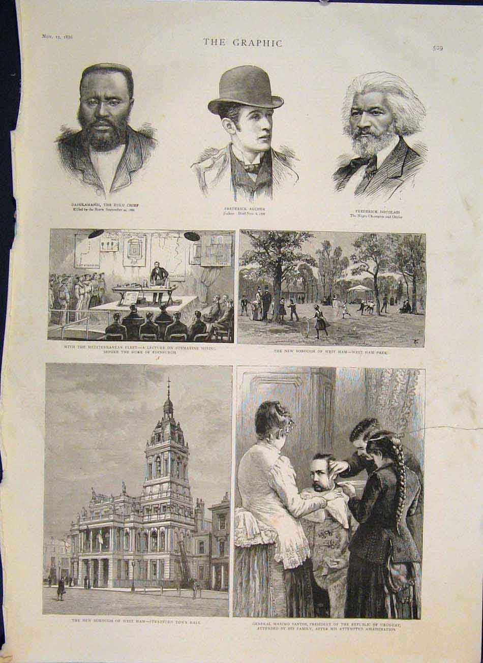 Original Old Antique Print Dabulamanzi Archer Douglas West Ham Fleet Santos 1886