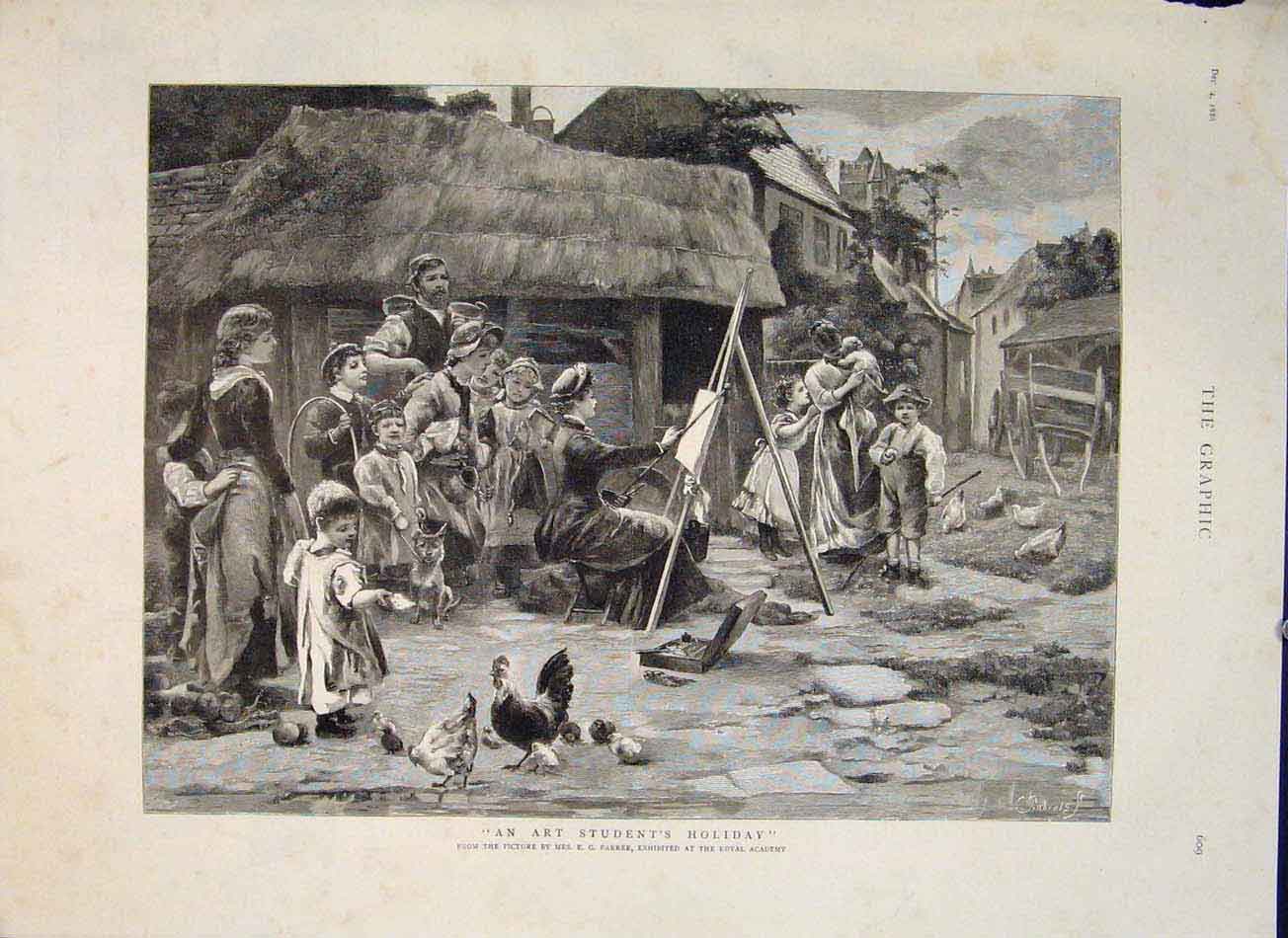 Original Old Antique Print Art Students Holiday Parker Farm Chickens Artist 1886