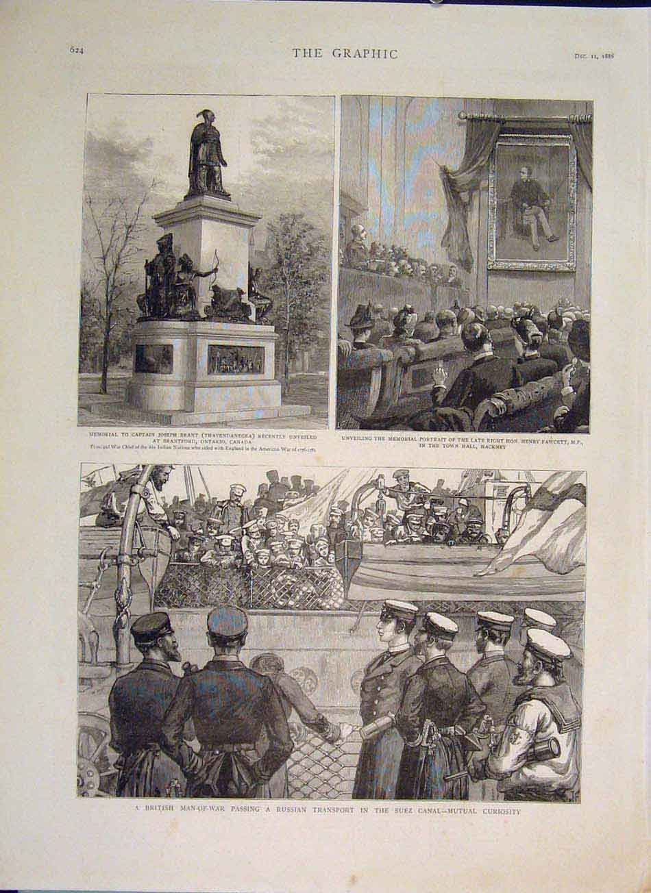 Original Old Antique Print Brant Fawcett Memorial Suez Canal Africa Man-Of-War