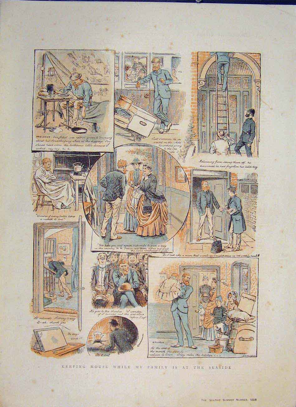 Original Old Antique Print Housekeeping Holiday Family Sketches Colour 1886 19th