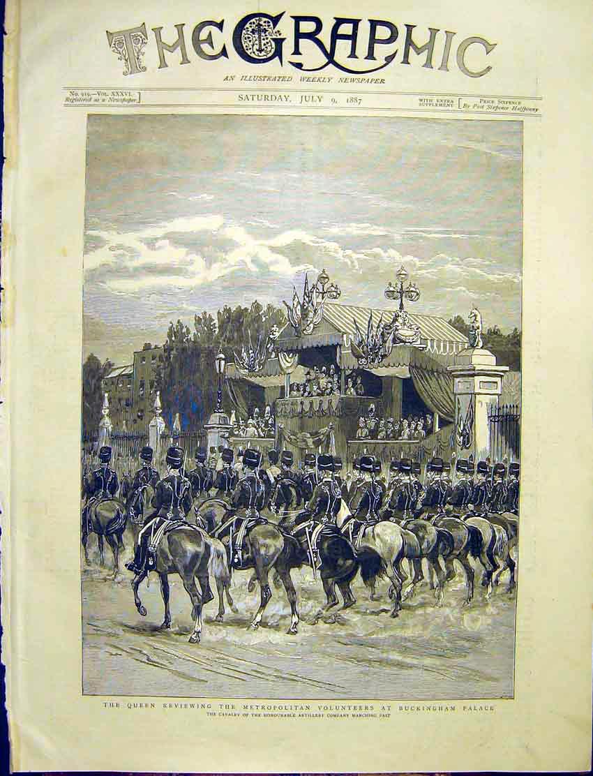 Original Old Antique Print Queen Metropolitan Volunteers Buckingham Palace 1887