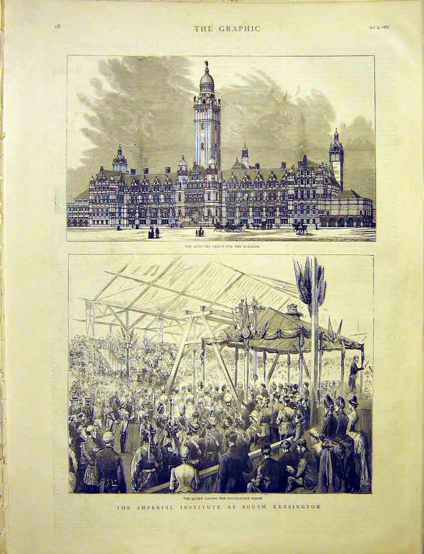 Original Old Antique Print Imperial Institute South Kensington Building 1887