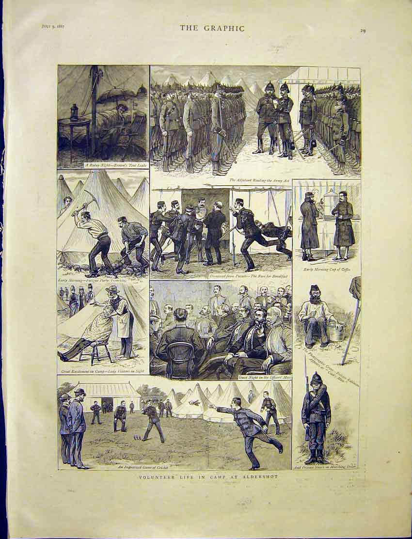 Original Old Antique Print Volunteer Life Camp Aldershot Military Sketches 1887
