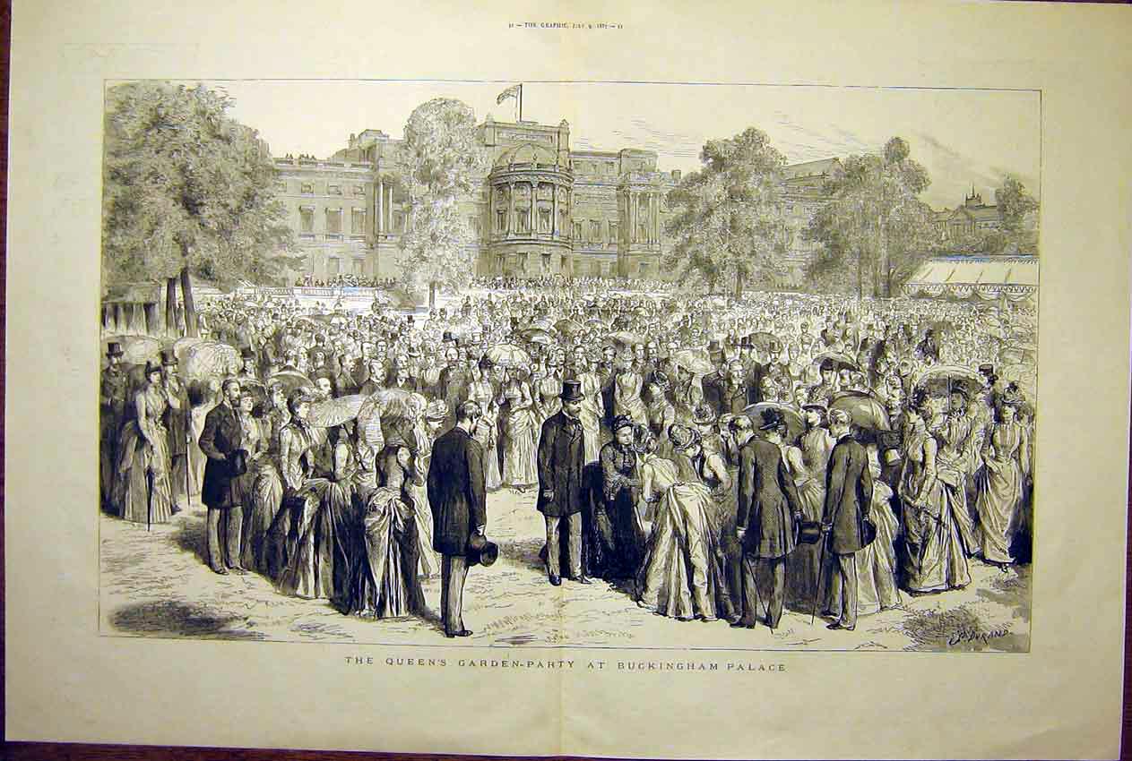 Original Old Antique Print Queen Garden Party Buckingham Palace Sketch 1887