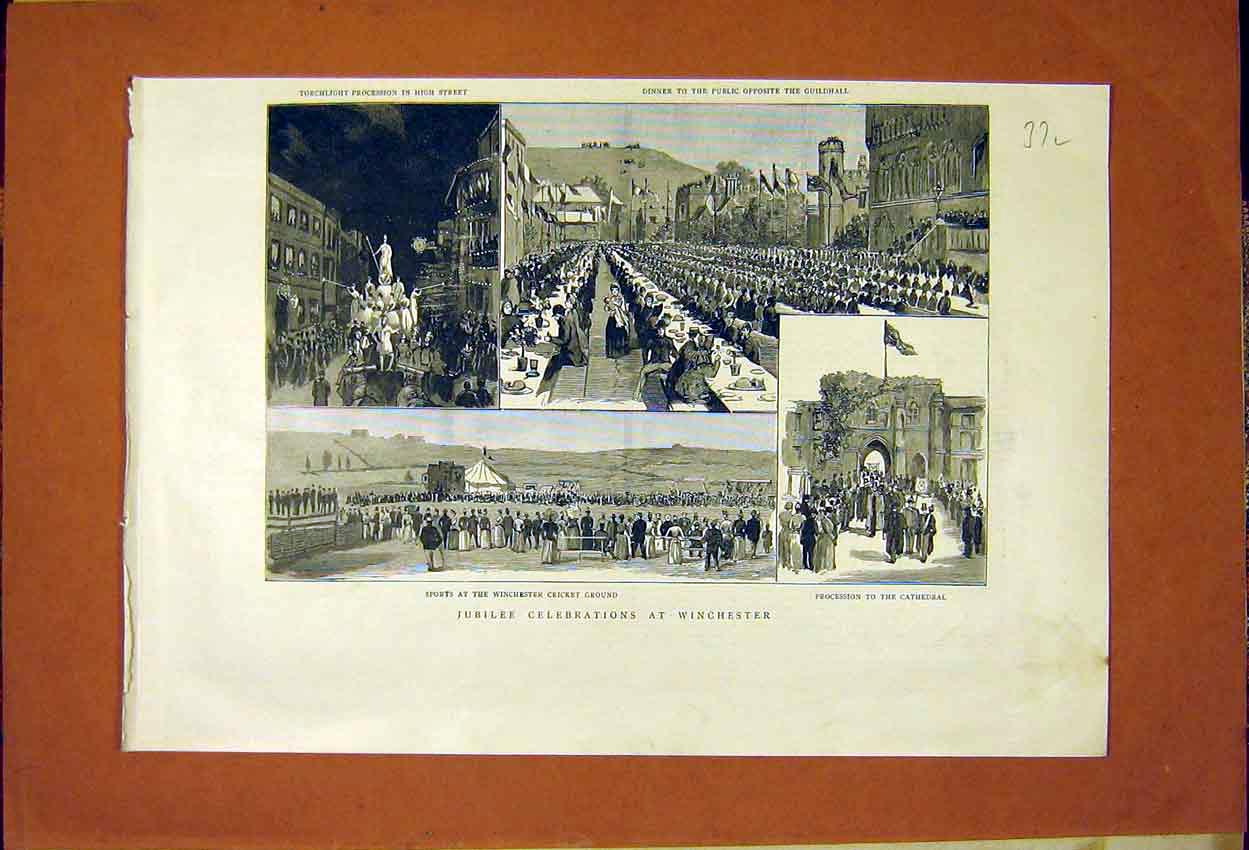Old Antique Print Jubilee Celebration Winchester Cricket Cathedral 1887 19th
