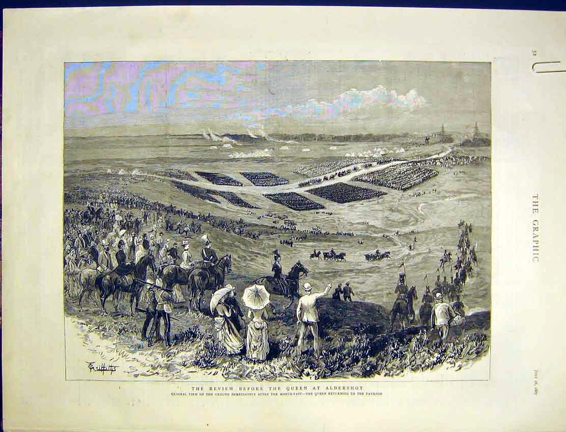 Original Old Antique Print Review Queen Aldershot Sketches March-Past 1887 19th