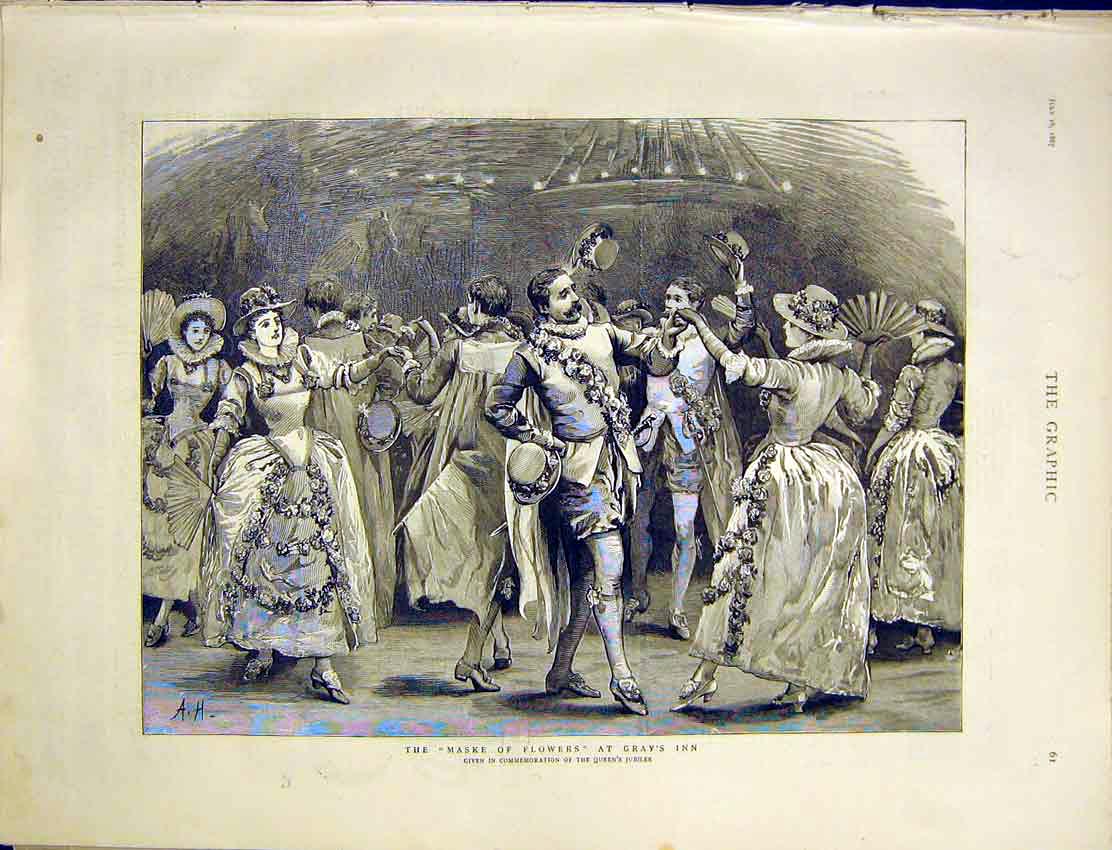 Original Old Antique Print Maske Flowers Gray'S Inn Ball Queen Jubilee 1887 19th