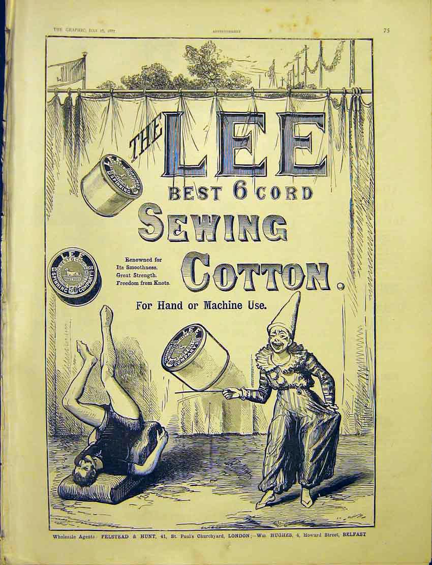 Original Old Antique Print Advert Lee Sewing Cotton Felstead Hunt 1887 Victorian