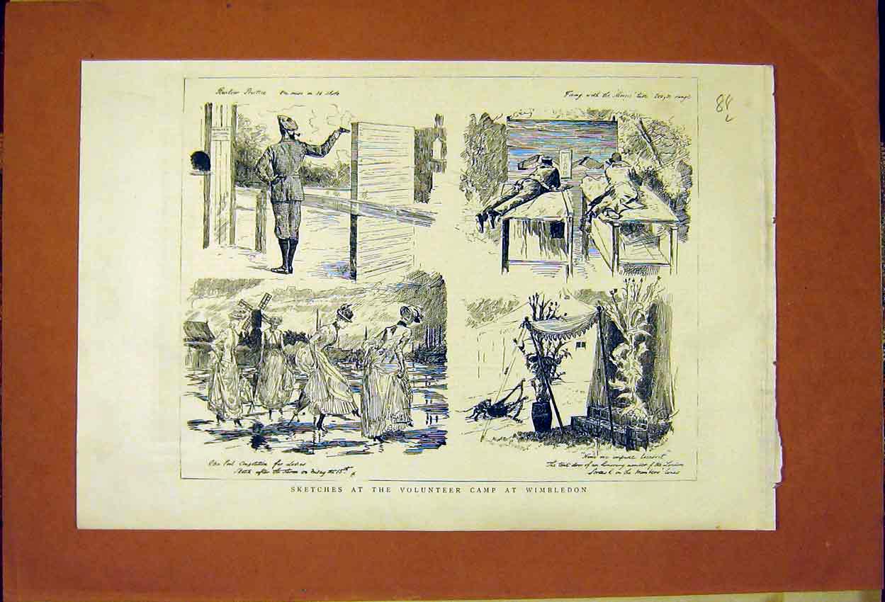 Original Old Antique Print Sketches Volunteer Camp Wimbledon 1887 Victorian