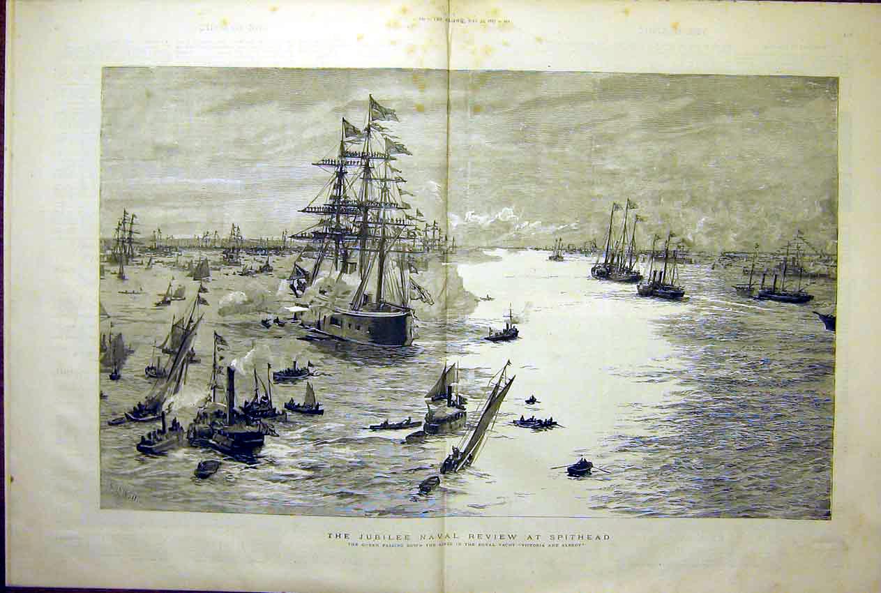 Original Old Antique Print Jubilee Naval Review Spithead Royal Yacht Queen 1887