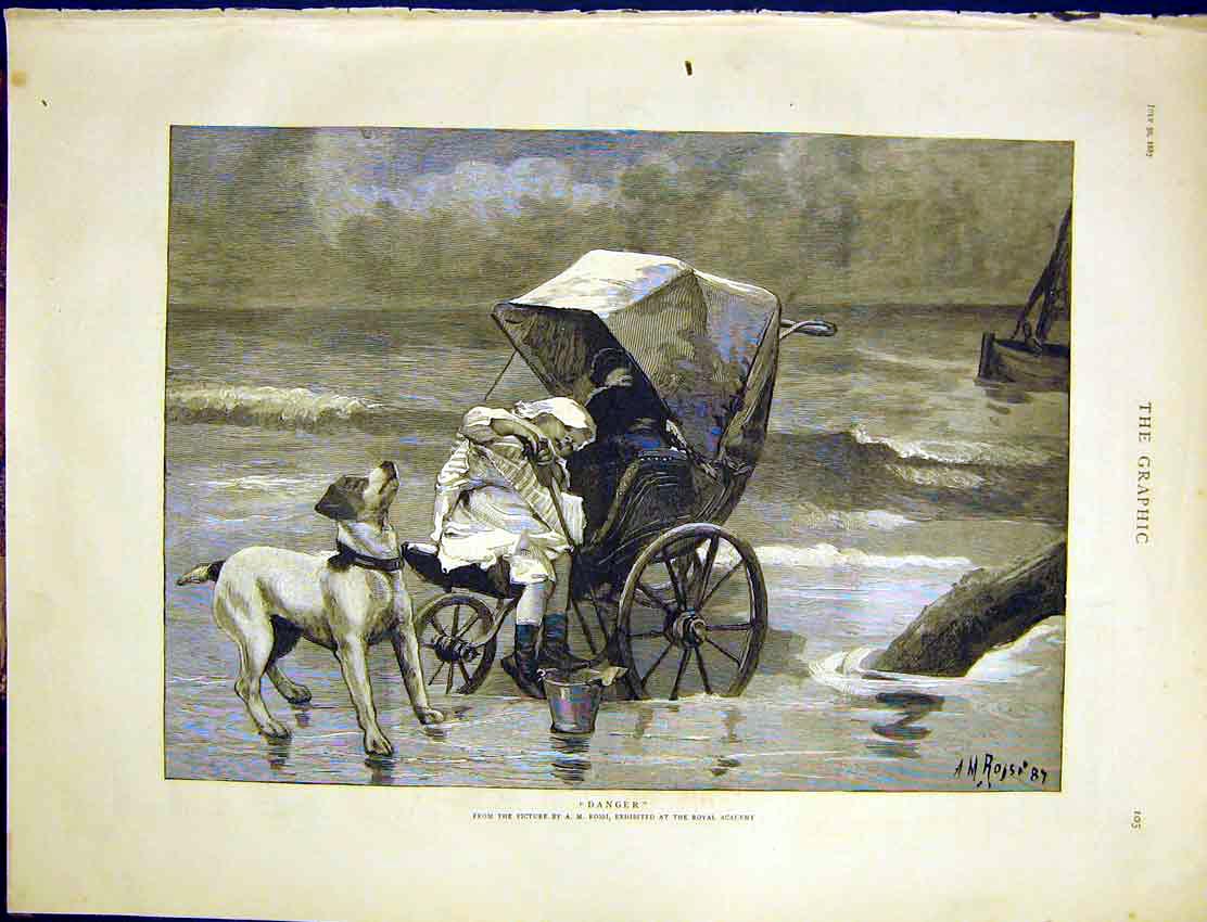 Original Old Antique Print Danger Rossi Dog Child Baby Pram Sea Beach 1887 19th
