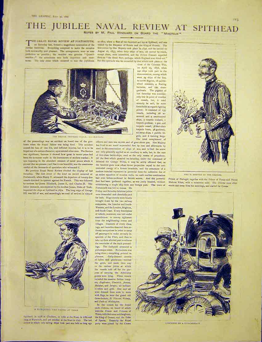 Original Old Antique Print Jubilee Naval Review Spithead Yacht Ship 1887 19th