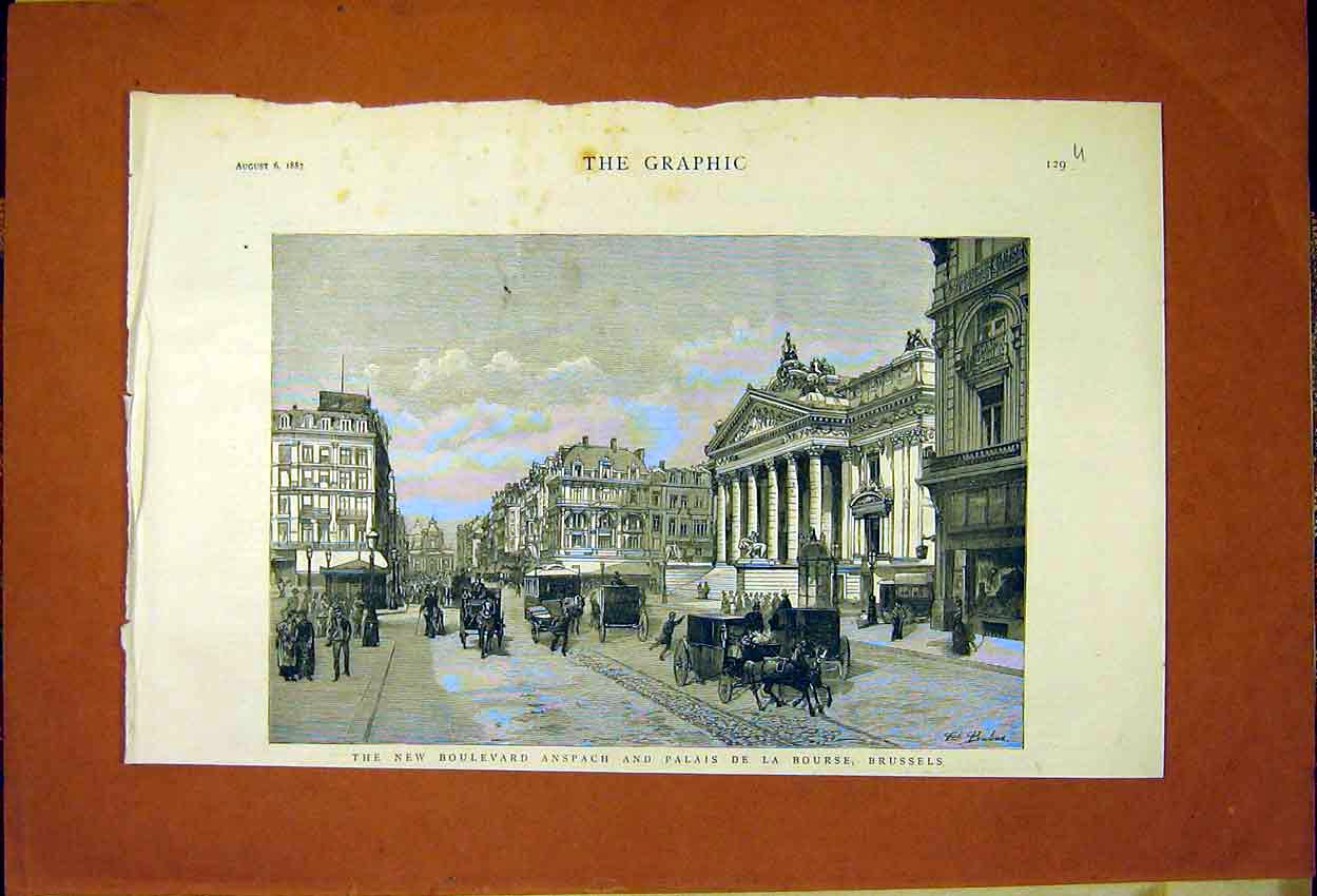 Old Antique Print Boulevard Anspach Palais Bourse Brussels Belgium 1887 19th