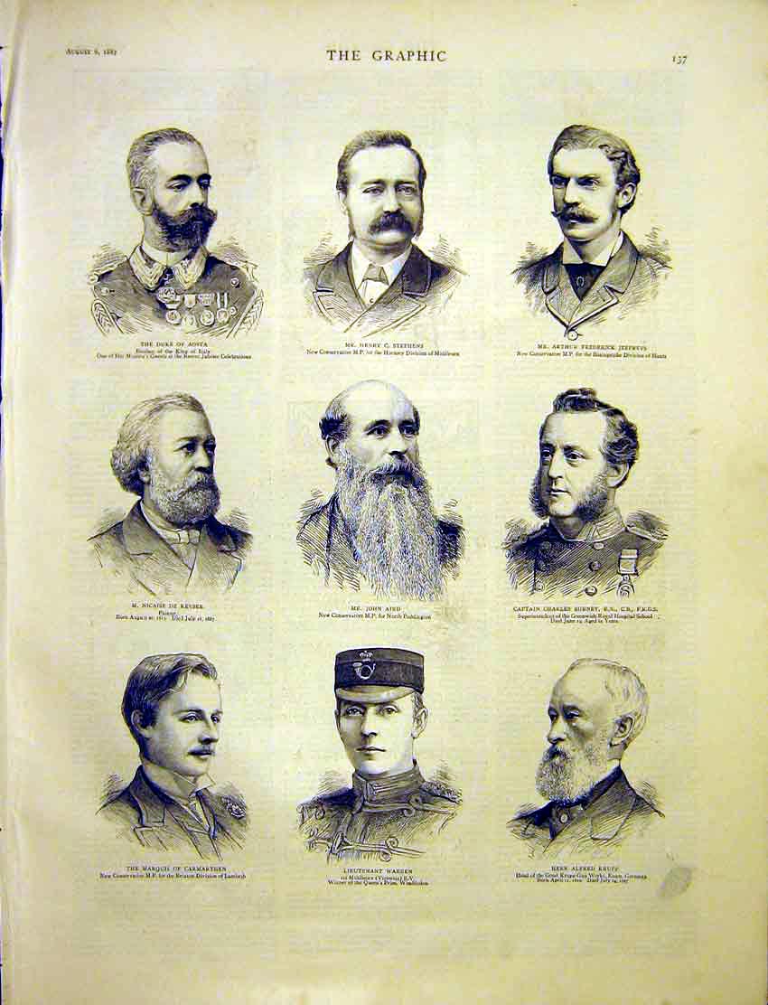 Original Old Antique Print Portrait Conservative Mp Krupp Warren Burney 1887