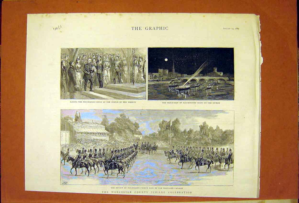 Old Antique Print Worcester Jubilee Celebration Pitchcroft Yeomanry 1887 19th