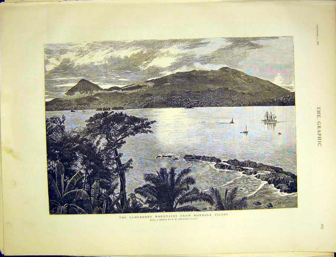 Original Old Antique Print Cameroons Mountains Mondole Island Johnston 1887 19th