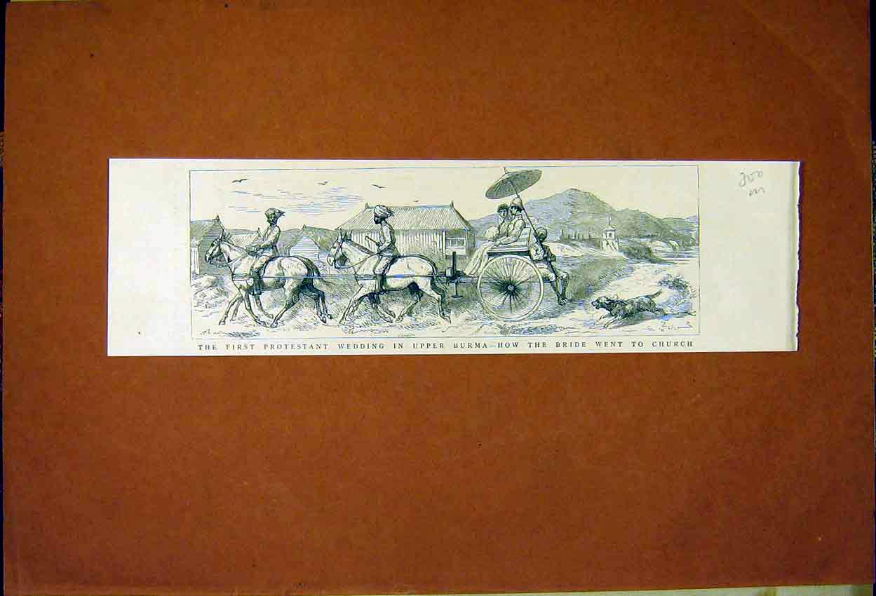 Old Antique Print Burma Protestant Wedding Bride Church Cart Horse 1887 19th