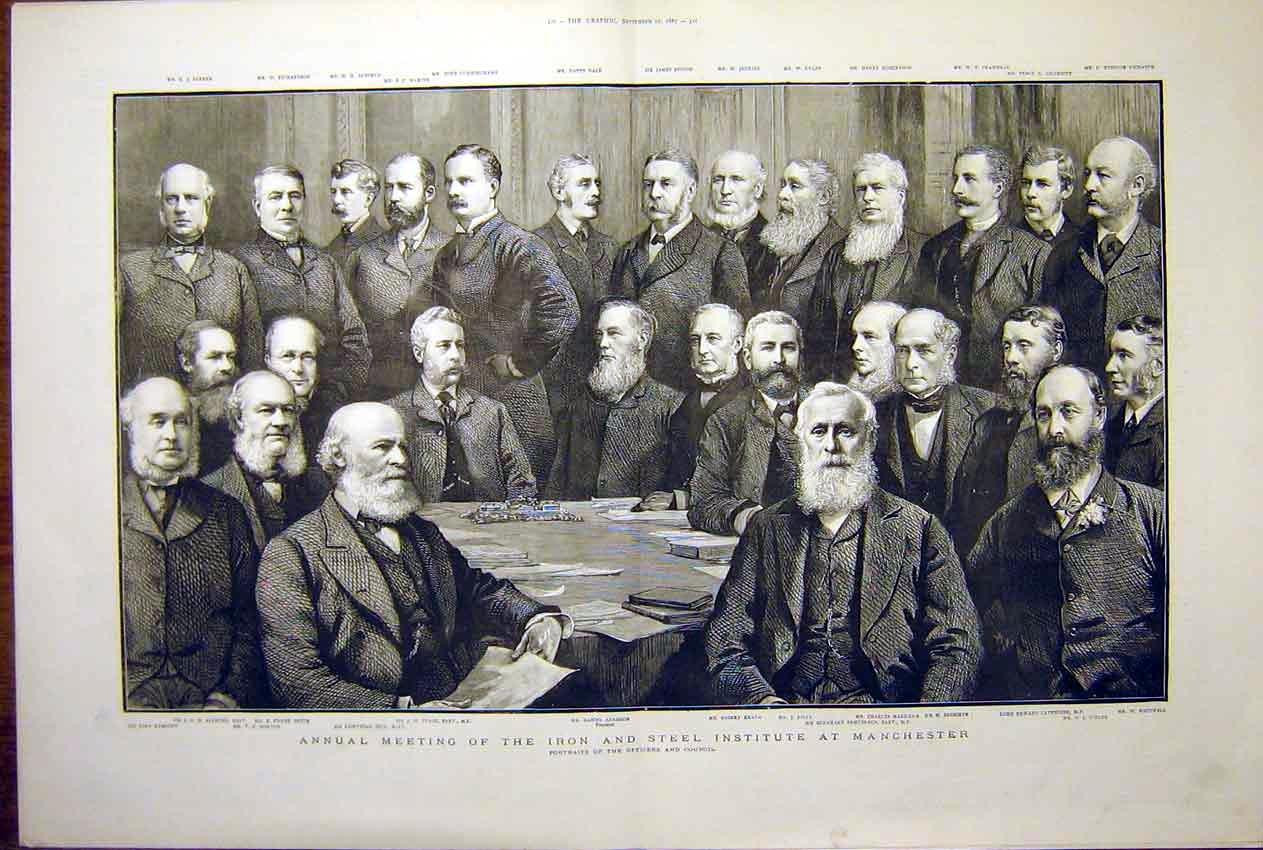 Old Antique Print Iron Steel Institute Manchester Portrait Council 1887 19th