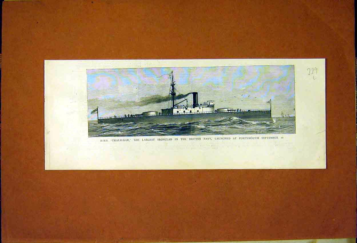Original Old Antique Print Hms Trafalgar Ironclad British Navy Portsmouth 1887