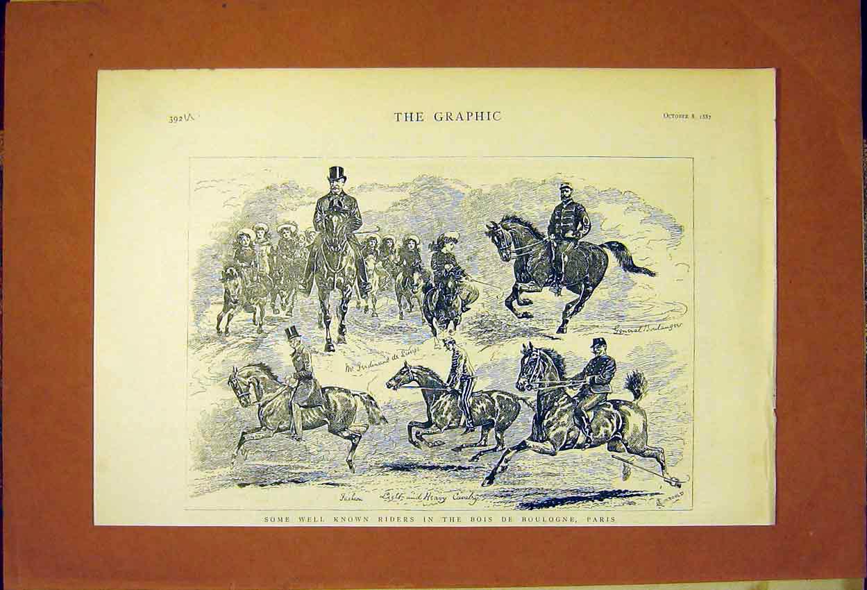 Original Old Antique Print Riders Bois De Boulogne Paris France Horses 1887