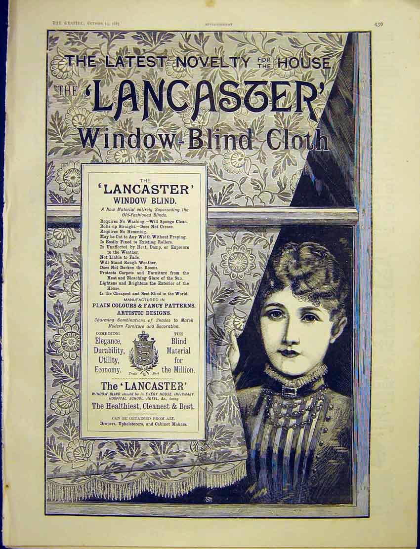 Original Old Antique Print Advert Lancaster Window-Blind Cloth 1887 Victorian