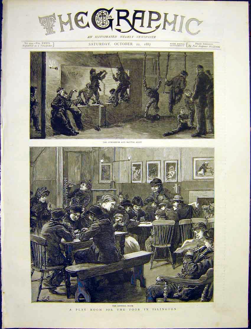Original Old Antique Print Gymnasium Skittle Alley Play-Room Poor Islington 1887